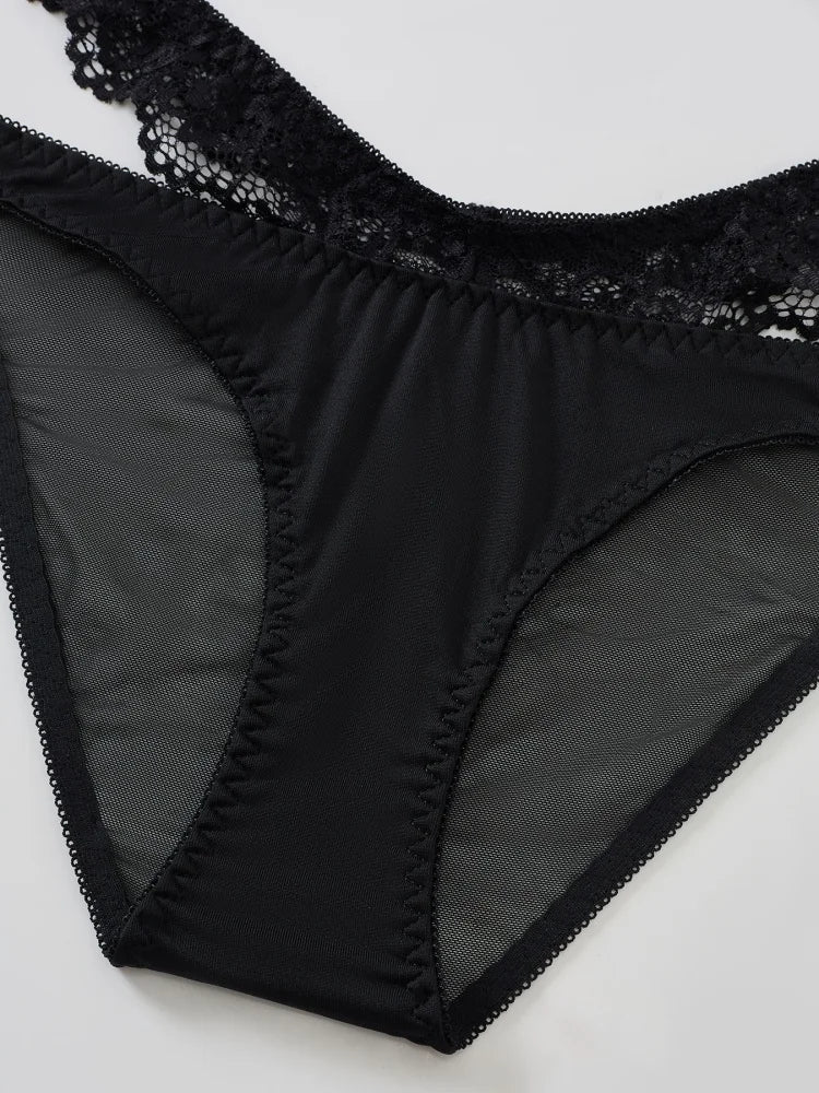 2Pcs Black Lace Bra Set French Style Women Bra Panties Breathable Mesh Underwear Elegant Ladies Ultra Thin Underwear Panties Set