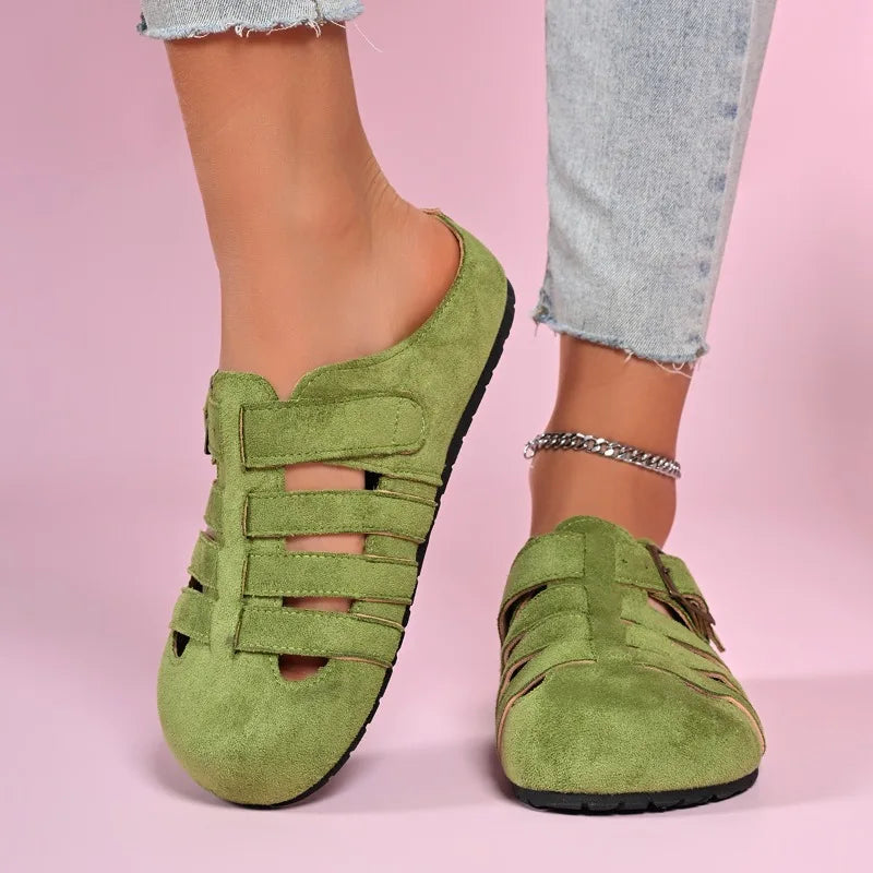 Women Summer Mules Suede Fisherman Shoes Closed Toe Buckle Cut-out Flat Casual Footwear Soft Sole Comfortable Slip-on