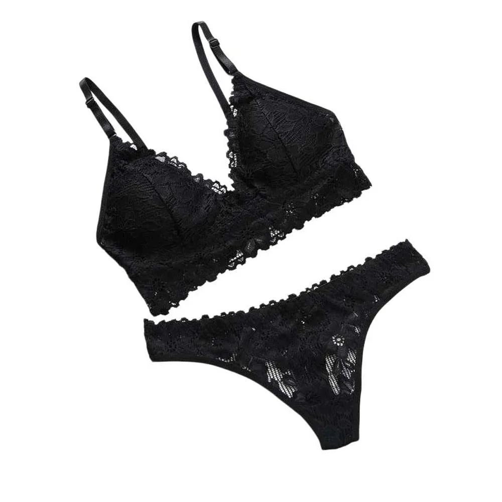 V Neck Lace Flower Bra Set Solid Color Thong Floral Panties Bra Kit Low Waist T-Back Lace Underwear Valentine's Day Gift