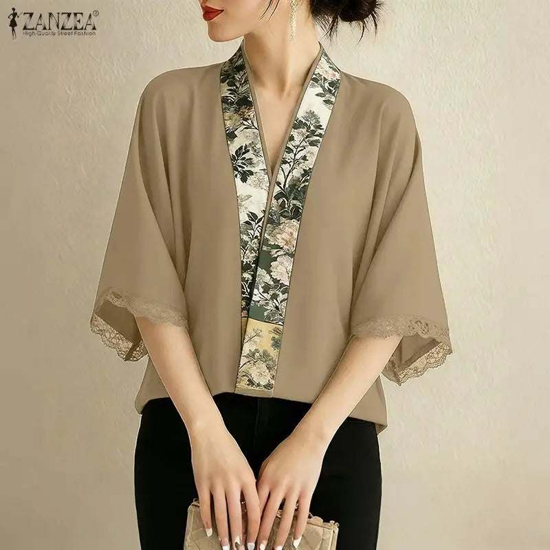 ZANZEA Vintage Floral Print Patchwork Kimonos Elegant V-Neck Lace Trim Half Sleeves Cardigan Tops 2026 Summer Open-Front Shirts