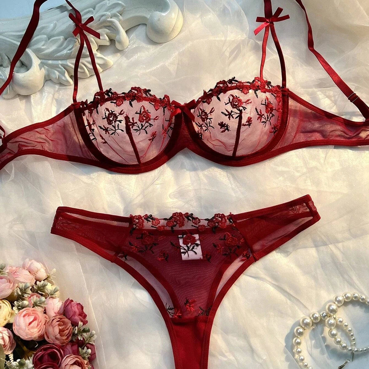 New Pink Transparent Bra Women Lingerie Set Ladies Embroidery Floral Bras Underwear Sets