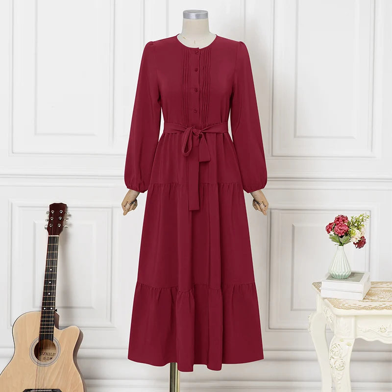 ZANZEA Women Autumn O Neck Long Sleeve Pleated Sundress Elegant Muslim Abaya Dress Maxi Robe Casual Kaftan Stylish Party Dress