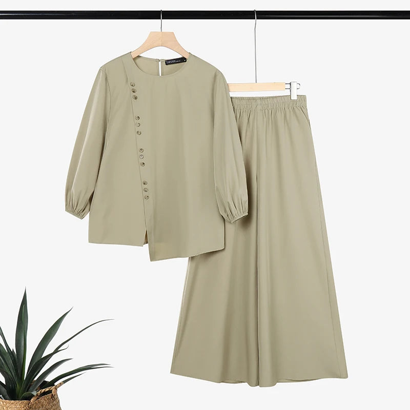 ZANZEA 2026 Summer Women Long Sleeve Irregular Blouse Wide Leg Pant Sets Muslim 2 Piece Sets Solid Color Work Outfits Tracksuit