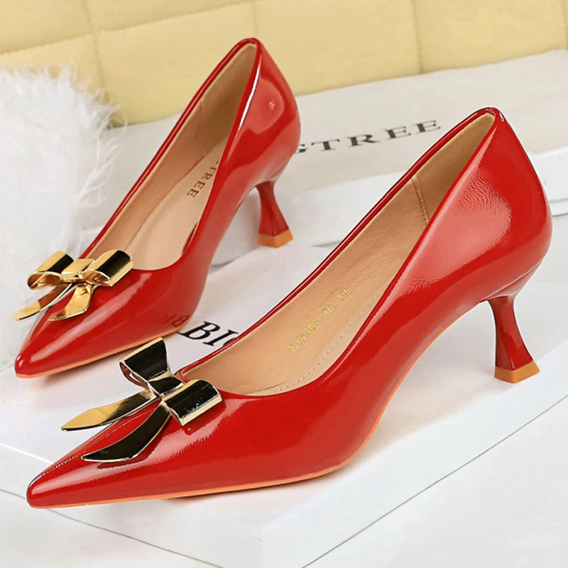 BIGTREE Shoes Metal Bowknot Women Pumps Patent Leather Kitten High Heels 5.5 Cm Comfortable Low Heeled Shoes Large Size 43