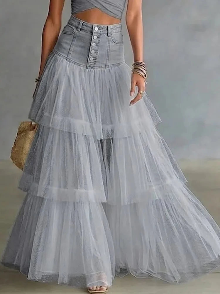 Summer Loose Swing Maxi Skirts Mujer Fashion High Waist Button Denim Skirts for Women Spring Elegant Patchwork Mesh Ruffle Skirt