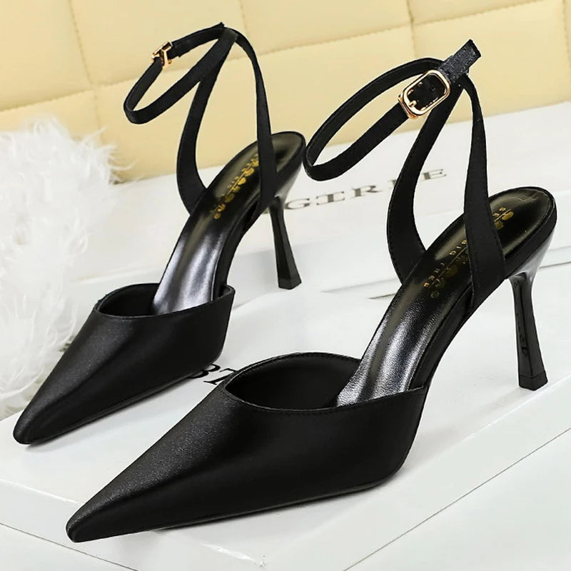 BIGTREE Shoes Silks Satins Heeled Sandals Women Shoes Sexy Party Shoes Women Pumps Buckle High Heels Summer Shoes Plus Size 43