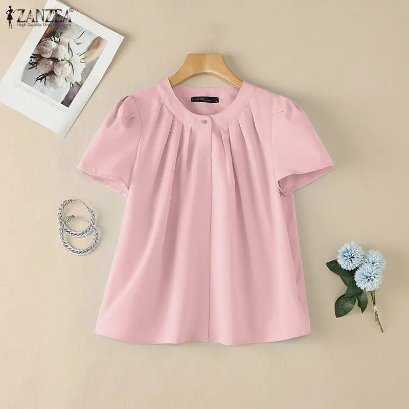 ZANZEA Women Summer Blouse Fashion Short Sleeve Tunic Tops Pleated Casual Office O-Neck Tee Streetwear Blusas Oversize Tunic
