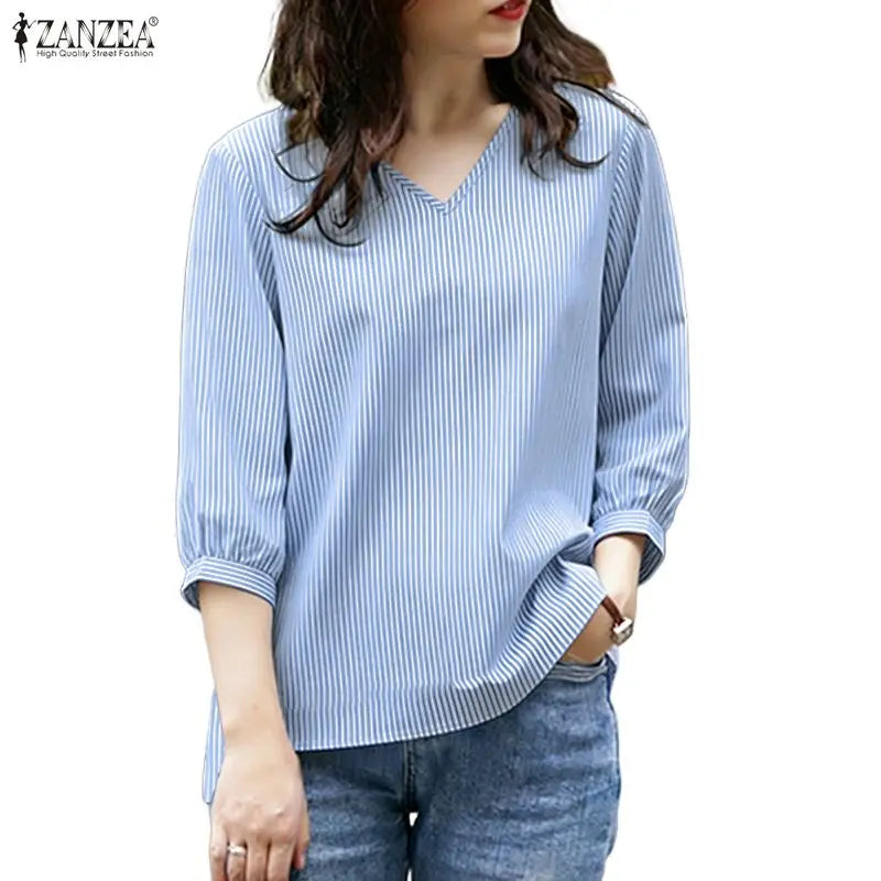 ZANZEA Woman Minimalist Striped Blouses Casual V-Neck 3/4 Puff Sleeve High-Low Tops Spring Summer Day Wear Blusas de Mujer