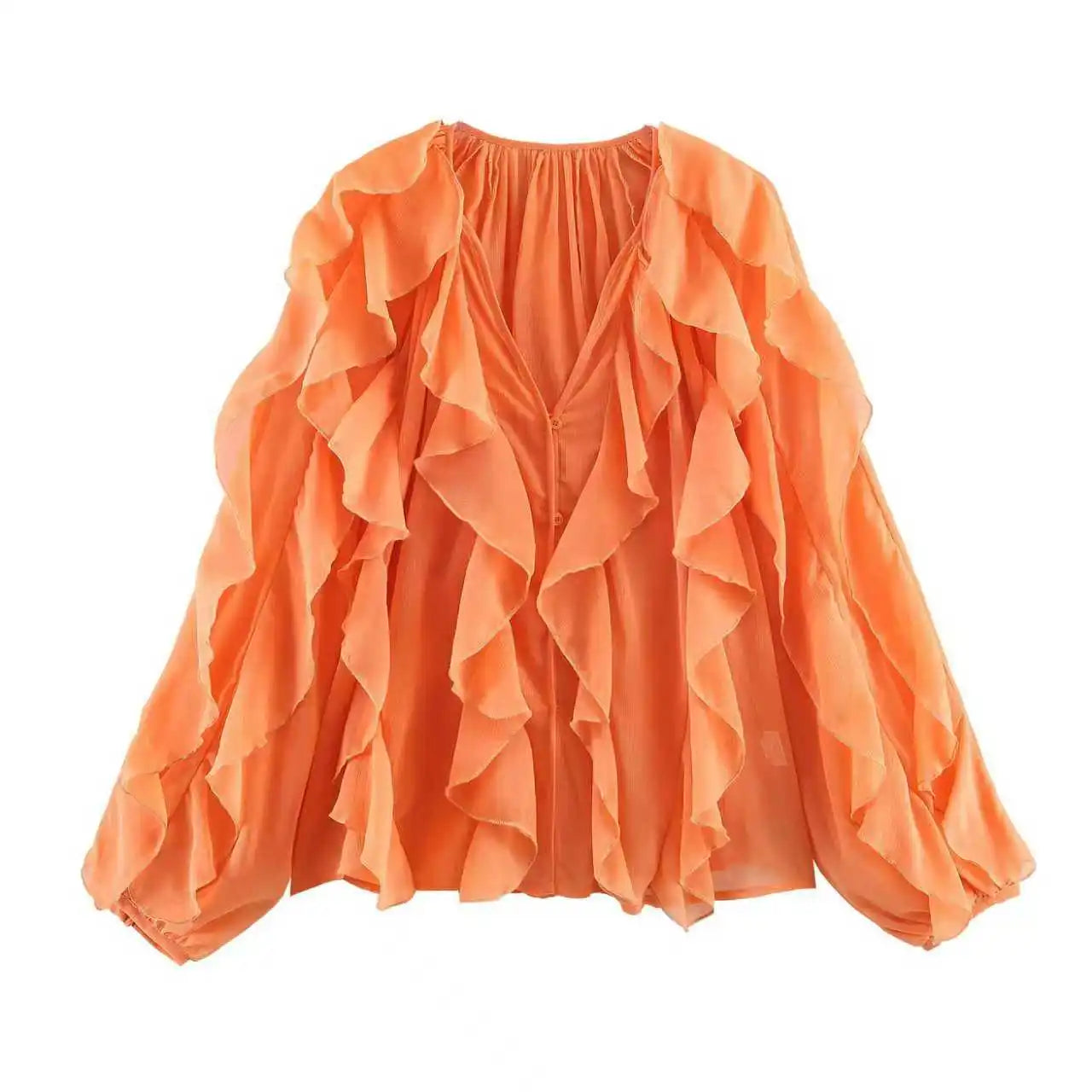 Women's Casual Ruffled Shirt Loose Lace Up Hollow Out V Neck Tops 2025 Spring Blouses Women Clothes
