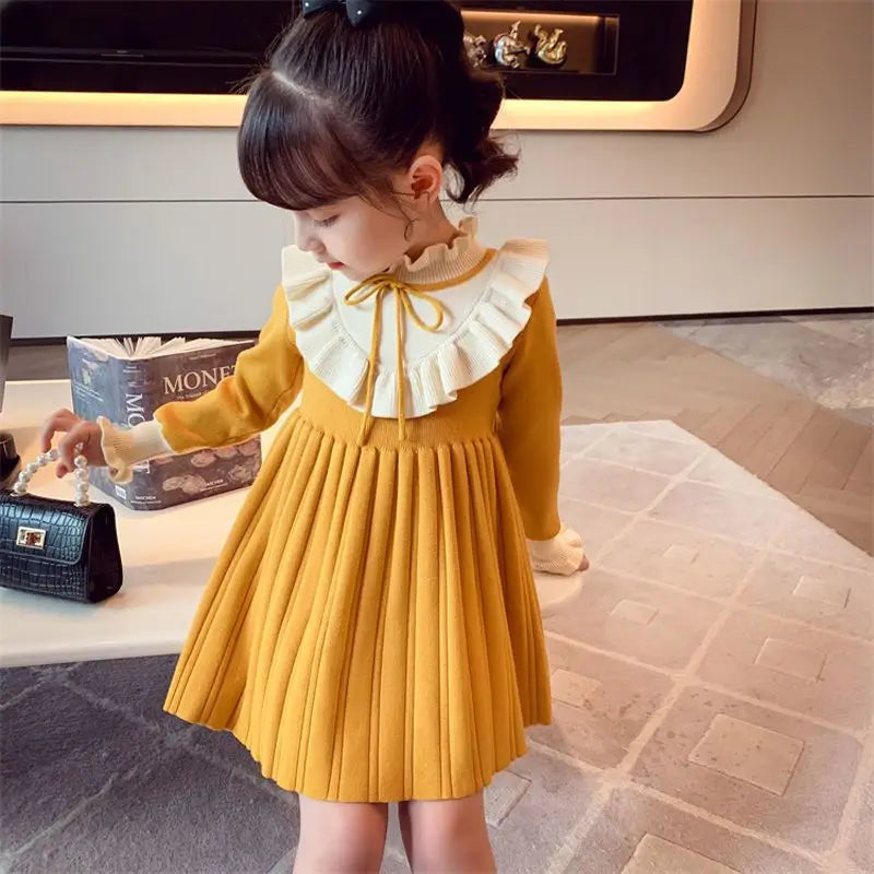 2025 New Girls Autumn Winter Ruffled Collar Long Sleeve Knit Princess Dress Stylish Childrens Cotton Dress