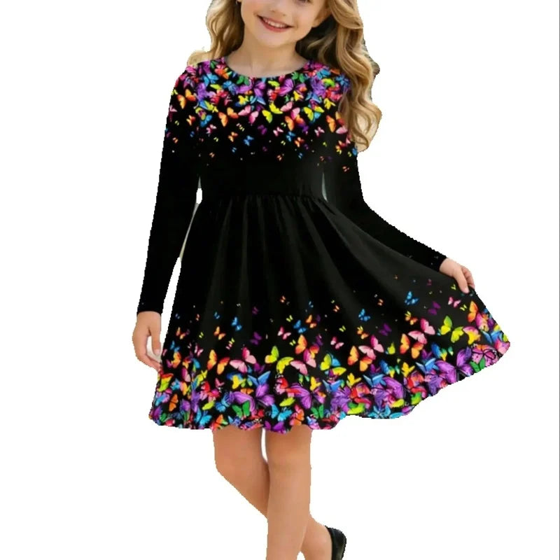 Black butterfly girl long sleeved dress, floral round neck all season casual fashion dress