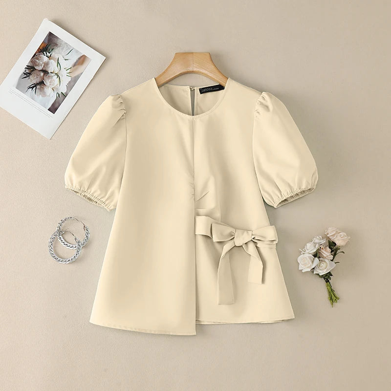 ZANZEA Women Elegant Chic Tied Waist Blouses O-Neck Short Puff Sleeve Solid Color Tops Summer Fashion Blusas de Mujer Streetwear