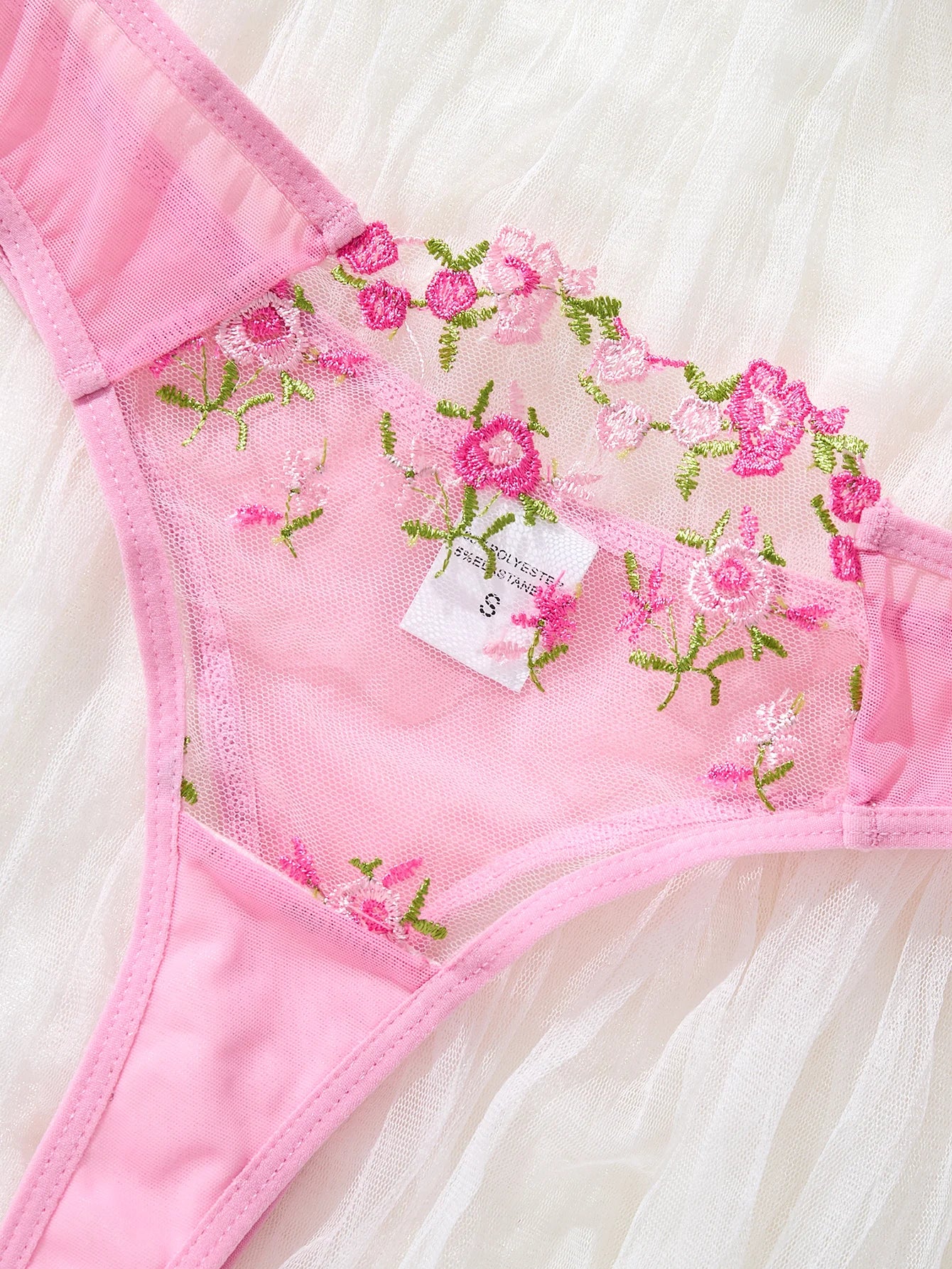 Pink Floral Embroidery Lingerie Set 2PCS Sheer Mesh Bra & Panty Women Sexy Underwear Gift ZA8240236