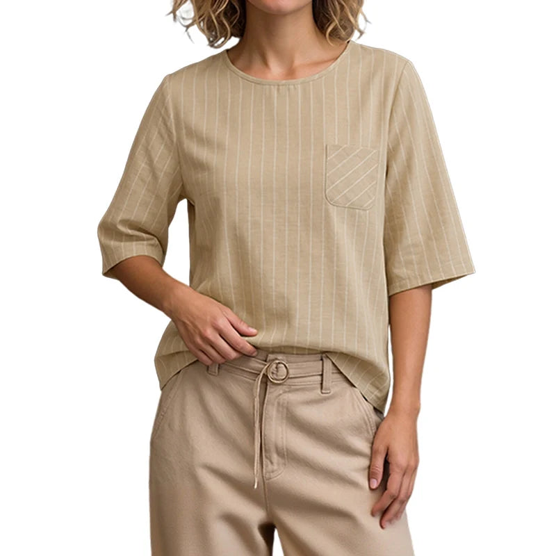 ZANZEA Casual Striped Blouses Woman Minimalist O-Neck 3/4 Sleeve Pocket Loose Tops Tunic Autumn 2026 Daily Wear Blusas Mujer
