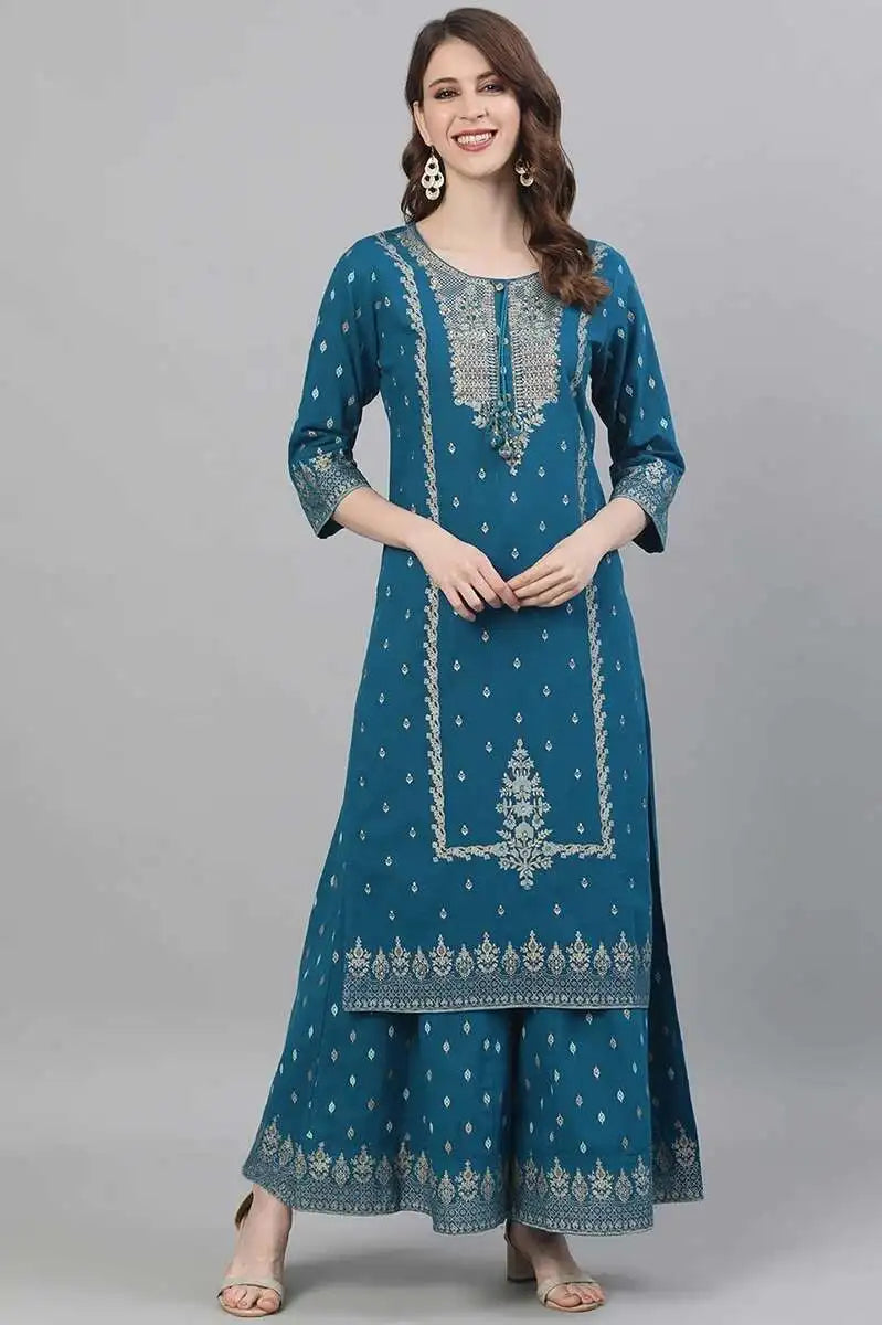 Indian Apparel Women's Ethnic Set 2-Piece Cotton Printed Navy Blue Indian Traditional Dress Cotton Printed 3-piece Suit