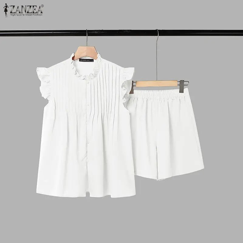 ZANZEA Women 2 Pieces Matching Short Sets Summer Ruffled Trim O-Neck Flying Sleeves Pintuck Tops & Elastic Waist Shorts Suits