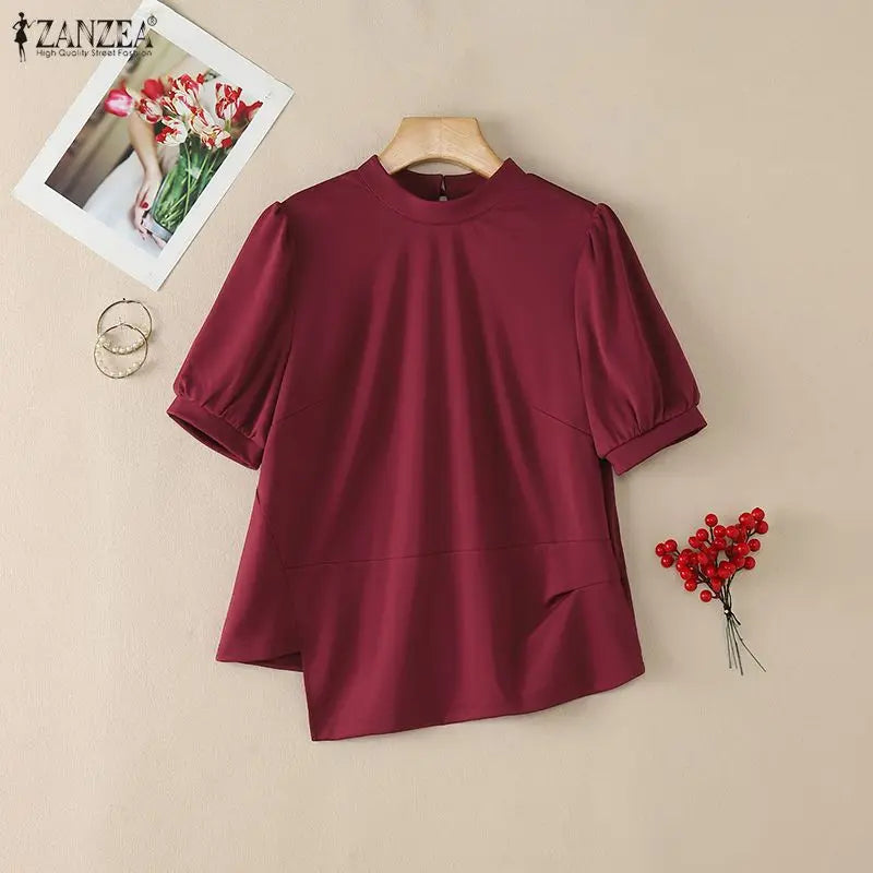 Summer Short Sleeve Tops ZANZEA Elegant Women Blouses Irregular Tops Solid Color Streetwear OL Work Party Tee S-3XL Blusas Tunic