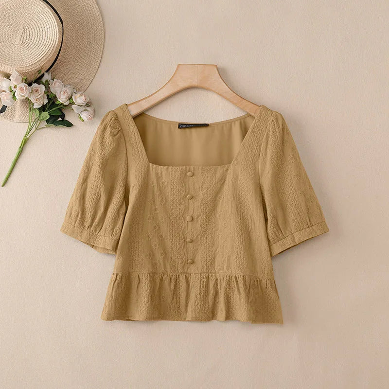 ZANZEA Embroidered Fabric Cropped Blouses Woman Square Neck Short Puff Sleeve Peplum Tops Summer Daily Casual Blusas de Mujer