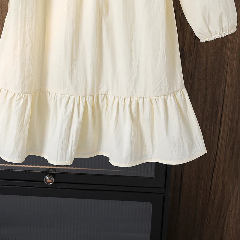 Spring/Summer Big Girl Knee Length Long Sleeve Dress Cute Baby Doll Collar Sweet Ruffle Hem Japanese and Korean Chic Easy Everyd