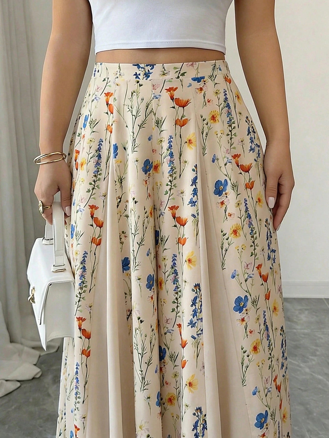 Vintage Floral Print High Waist Flowy Wide Leg Pants, Split Loose Beach Palazzo Pants