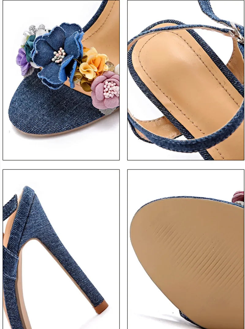 Fashion Denim Blue Designer Women's Heels Luxury Flowers Pearl Decoration Heeled Sandals Women Summer Sexy Thin High Heels Pumps