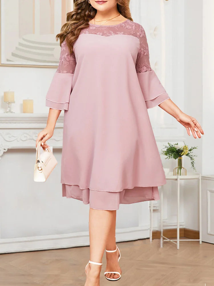 GIBSIE Plus Size Elegant Embroidered Mesh Patchwork Chiffon Dress Women Spring Summer O-Neck Flared Sleeve Layered Midi Dresses