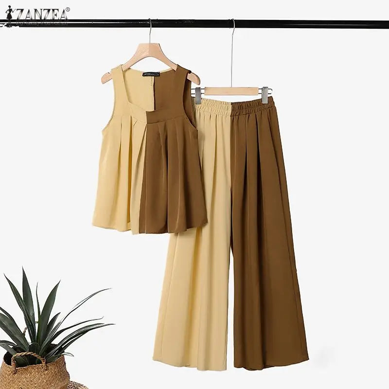 ZANZEA Women Streetwear 2 Piece Pant Sets Color-Blocked Tank Tops & Wide Leg Pants 2pcs Suits 2026 Summer Casual Chic Outfits