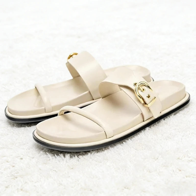 Gold Metal Buckle Decorated Flat Sandals Women Summer Soft Soles Comfortable Platform Slippers for Ladies Designer Beach Shoes