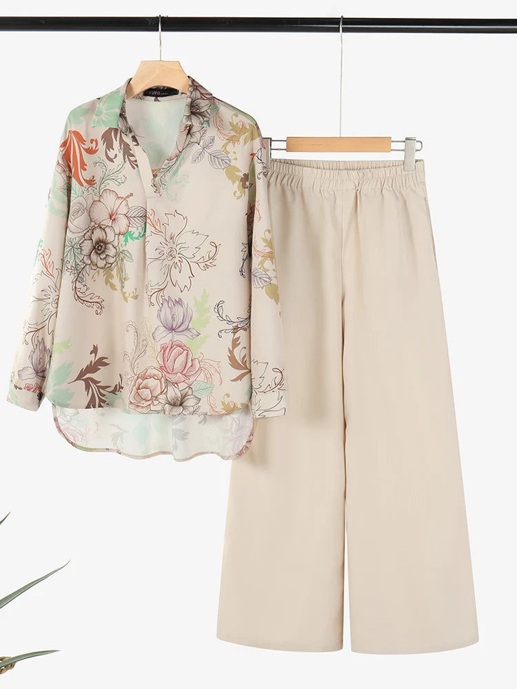 2025 ZANZEA Autumn Outfits Women 2 Pieces Sets Fashion Long Sleeve Printed Blouse Wide Leg Pant Sets 2pcs Tracksuits Oversize