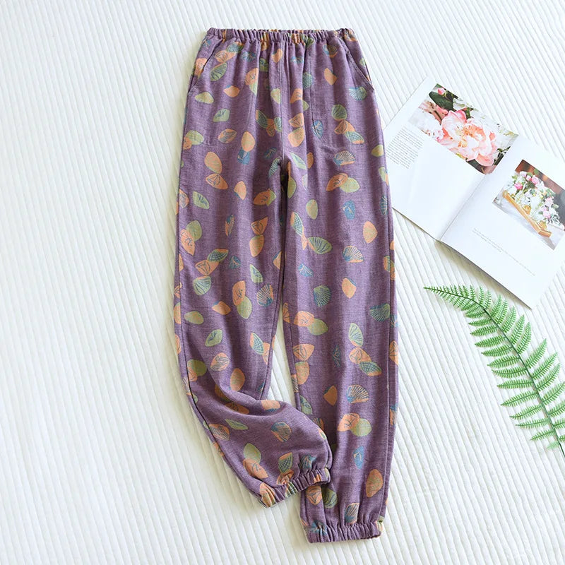 2026 New Spring Summer Women's Pajamas 100% Cotton Crepe Pants Women's Comfortable Loose Large Leaf Home Pants Thin Bottoms