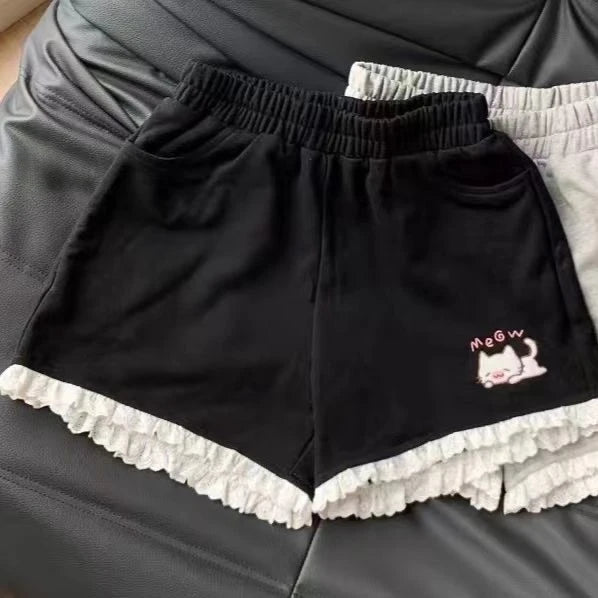 Summer Japanese High Waisted Shorts Women Cute Cat Cartoon Print Cotton Short Pants Casual Fashion Female Bottoms Shorts New