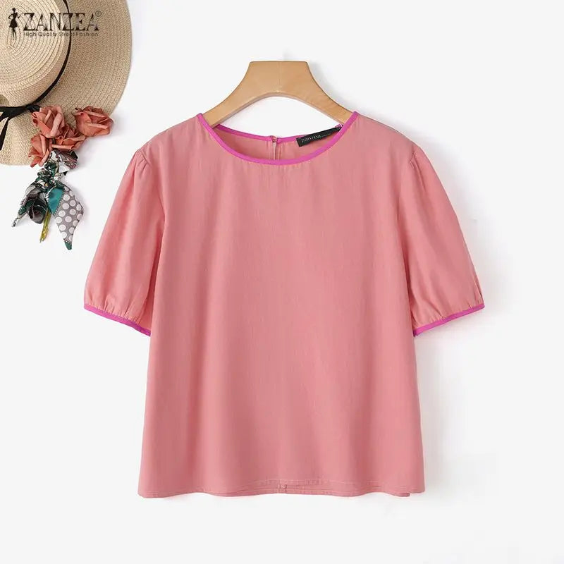 ZANZEA Women Summer Blouse Short Puff Sleeve Patchwork Casual O Neck Fashion Blusas OL Work Tops Oversize Tunic Streetwear