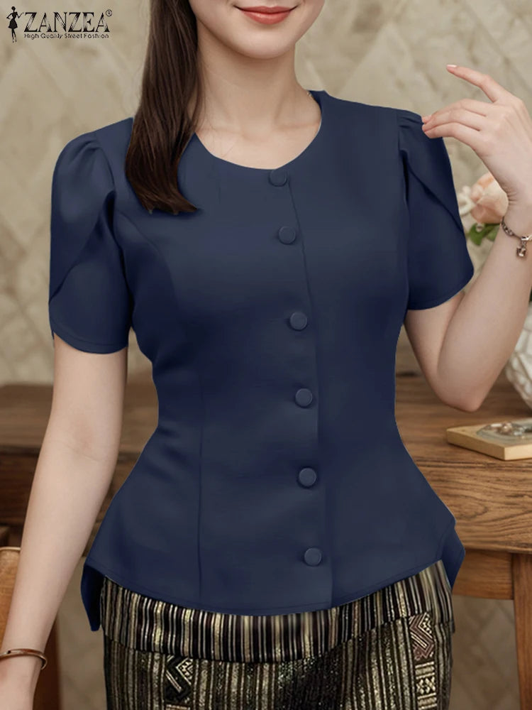 ZANZEA Women Fashon Asymmetrical Hem Shirts 2025 Summer O-Neck Button Up Fitted Waist Chemises Femme Office Streetwear Tops
