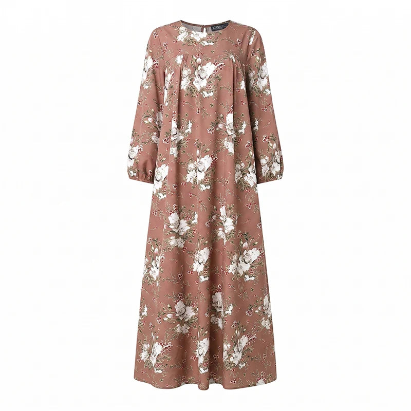 ZANZEA Muslim Abaya Women Bohemian Maxi Long Dress Floral Print Long Sleeve Round Neck Sundress Casual Loose Dresses Kaftan