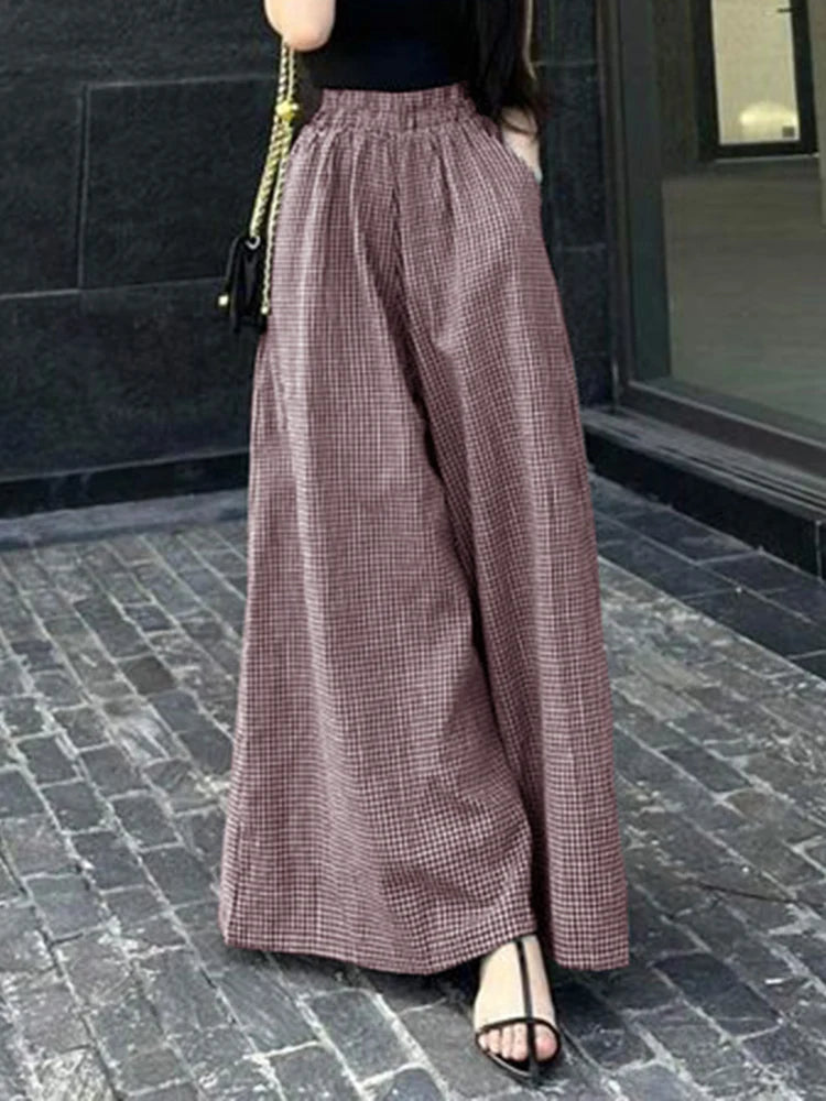 2025 ZANZEA Summer Wide Leg Pants Women Plaid Checked Trousers Casual Elastic Waist Pant Elegant Loose OL Work Pantalon Palazzo