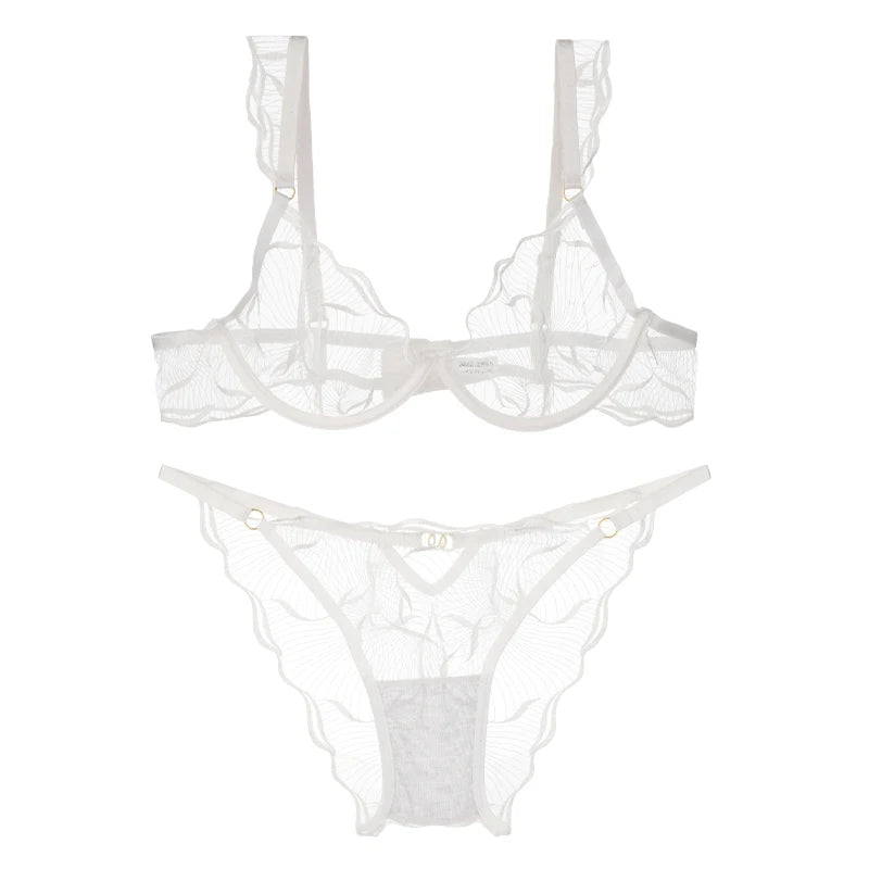 Elegant Women Flower Embroidery Mesh Lingerie Set Adjustable Straps Underwire Bra Panty Transparent Intimates
