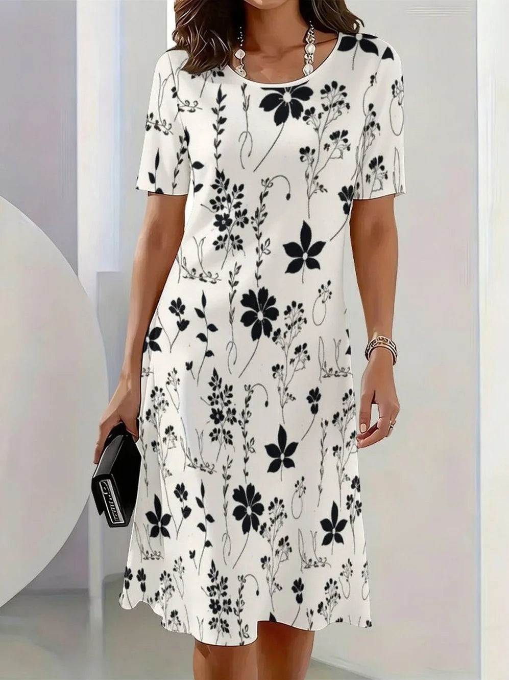 2026 New Elegant Floral Print Dresses for Women Round-Neck Short Sleeve Female Clothing Summer Travel Vacation Clothes for Woman