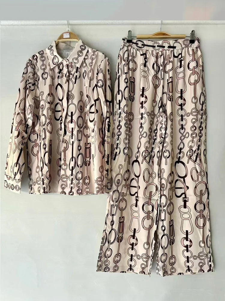 Retro geometric print lapel straight leg shirt two-piece set for 2026 spring women's clothing+loose wide leg pants fashion set