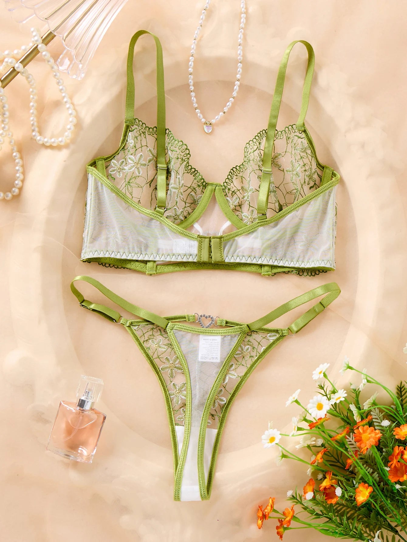 Women Green Daisy Floral Embroidery Lingerie Set Sheer Mesh Heart Metal Buckle Underwire Bra & Thong 2‑Piece Intimate Underwear