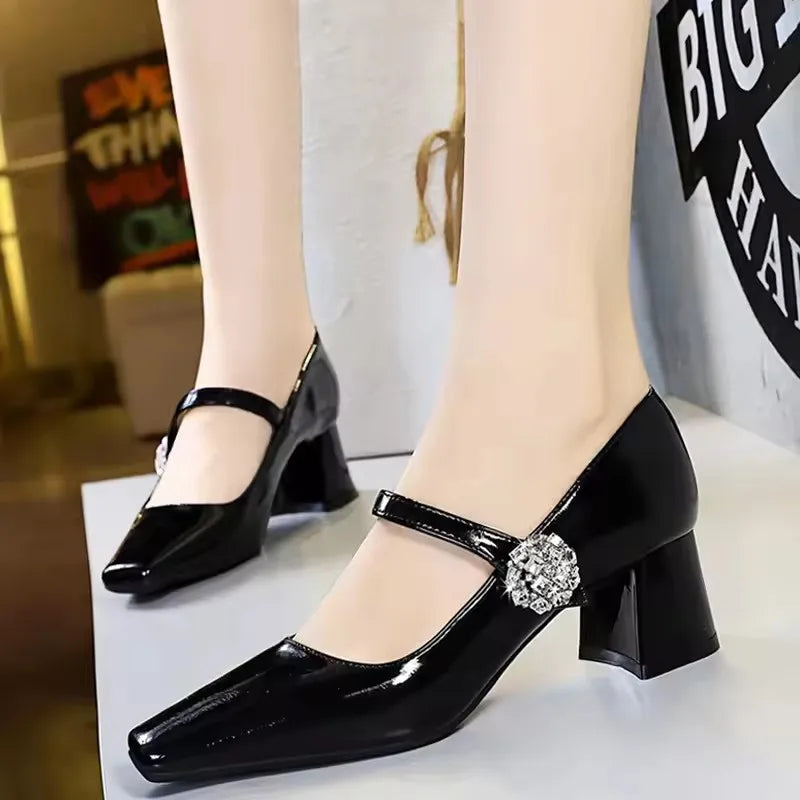 BIGTREE Shoes Luxury Rhinestone Woman Pumps Block Heels Women's Shoes Thick With Mid Heel Ladies Shoes Elegant Banquet Shoes
