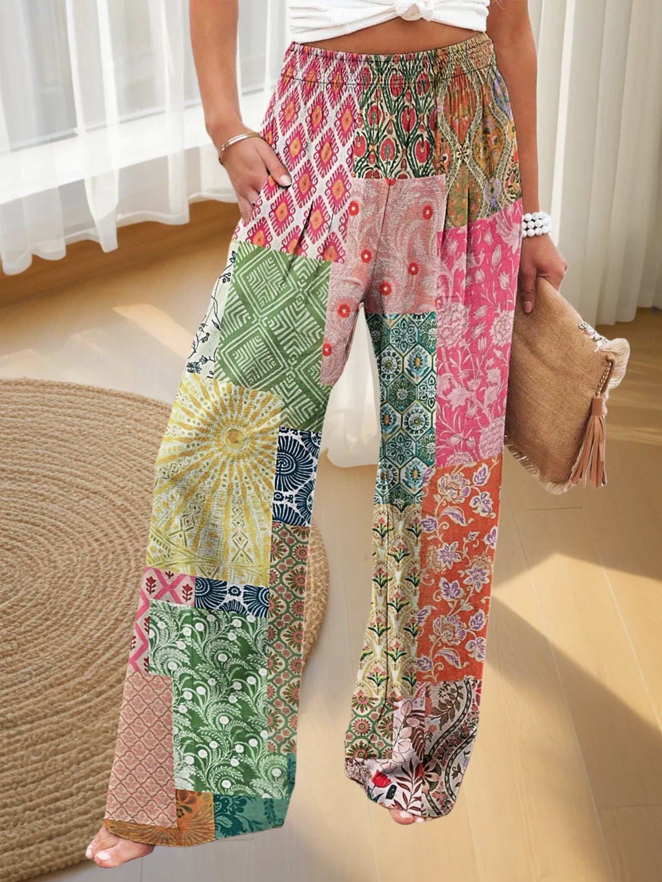 2025 Women's New Floral Print Loose Pants Casual Elastic Waist Wide Leg Straight Trousers Drawstring Design Relaxed-Fit Pants