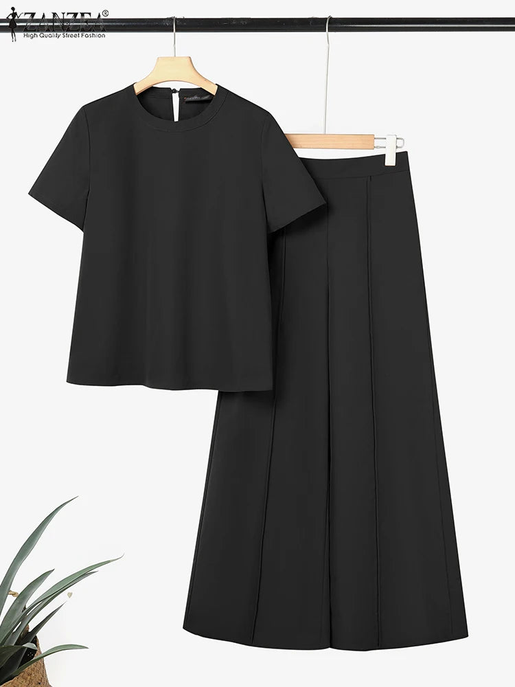 ZANZEA Summer Pant Sets Office Women 2 Pieces Set Elegant Short Sleeve Blouse Wide Leg Trousers Suit Fashion 2PCS Work OL Outfit