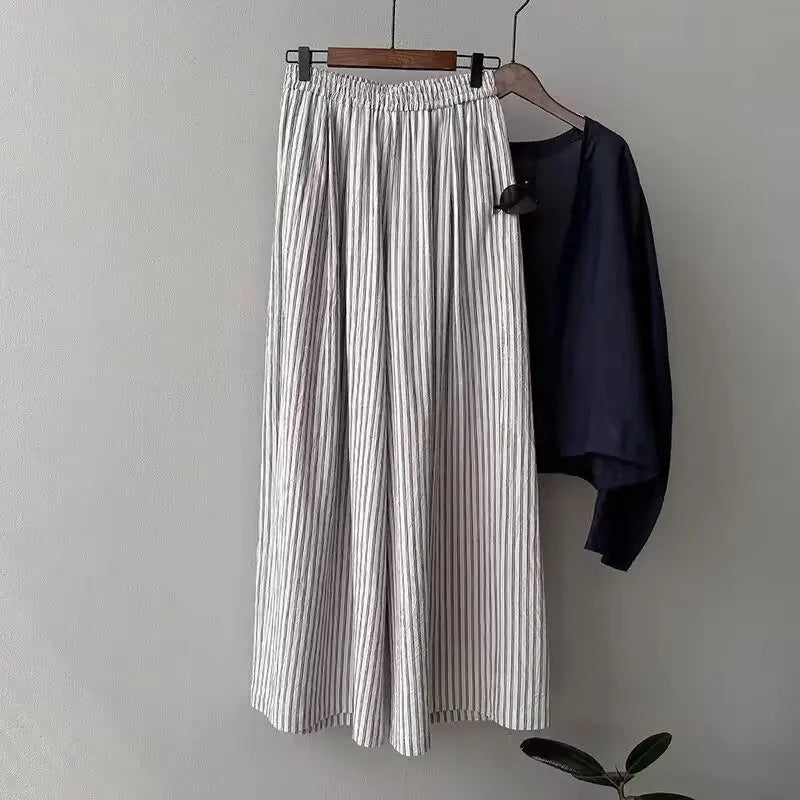 Summer Wide Leg Pants Women Loose Slimming Lazy Stripe Floor-Length Trousers Trendy High Waist Casual Style Breathable Skin-F...