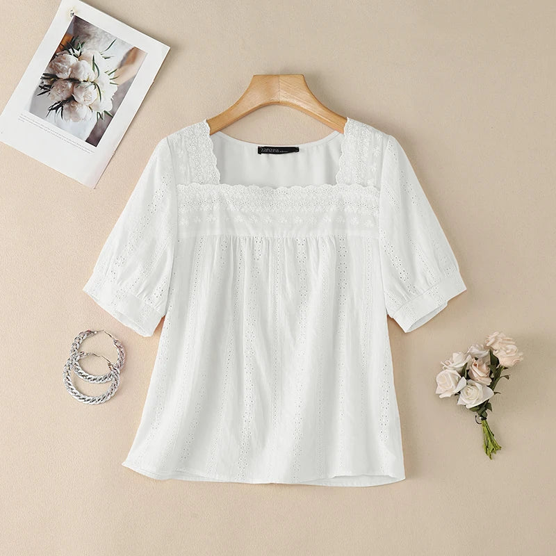 ZANZEA Openwork Embroidered Blouses for Woman Elegant Lace Trim Square Neck Tops Summer Feminine Short Puff Sleeve Blusas Mujer