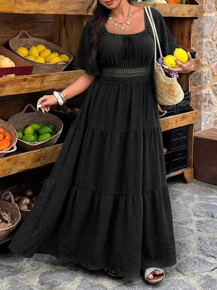 GIBSIE Plus Size Square Neck Floral Print Maxi Dress Women Summer 2026 Knot Front Hollow Out Boho Vacation Big Swing Dresses