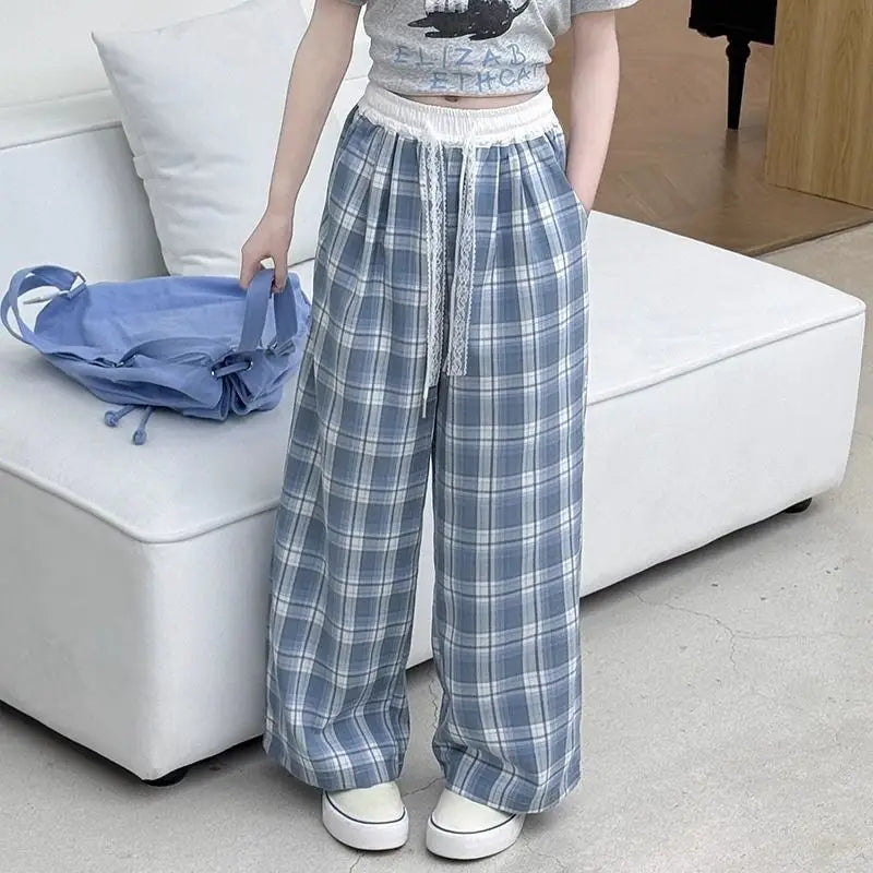 Girls' Wide Leg Pants Summer 2026 Icy Silk Plaid Loose Fit Slimming Casual Sportswear Adjustable Waist Breathable Long Pants