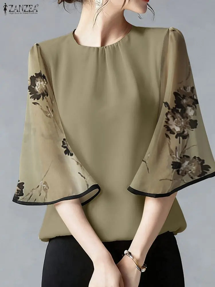 ZANZEA Elegant Women's Blouses Fashion O-Neck Floral Chiffon Sleeve Patchwork Loose Tops 2026 Spring Summer Woman Clothes S-3XL