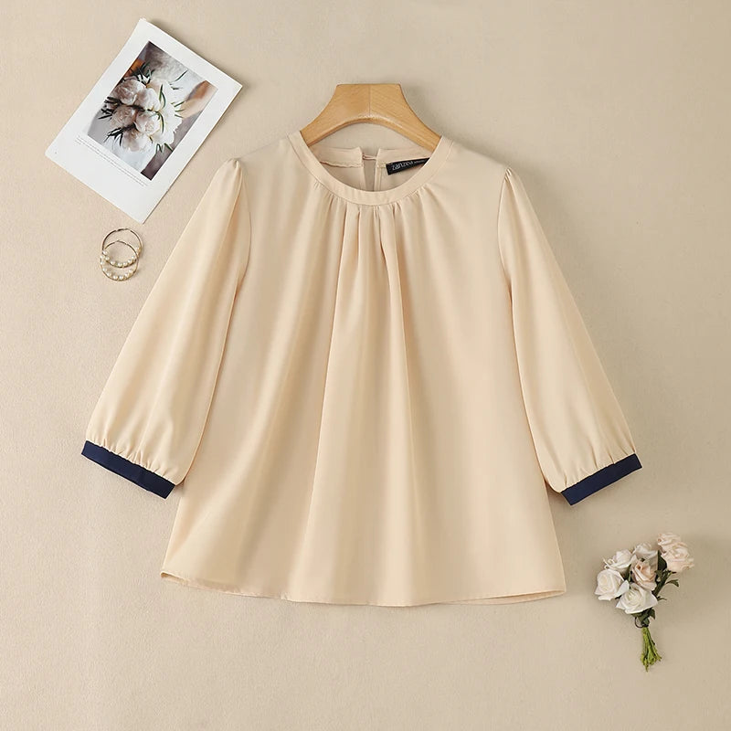 ZANZEA Woman Casual Blouses Gathered O-Neck Contrast-Trim 3/4 Sleeve Solid Color Tops 2026 Summer Everyday Wear Blusas de Mujer