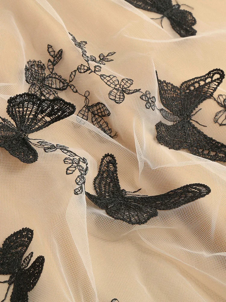 Tonval Black Patchwork Butterfly and Floral Embroidered Mesh Elegant Dresses Women Sleeveless Vintage Style Midi Dress