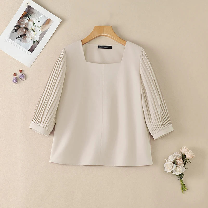 ZANZEA Women Blouses Casual Square Neck Pleated 3/4 Puff Sleeve Solid Color Tops 2026 Summer Everyday Wear Commute Blusas Mujer